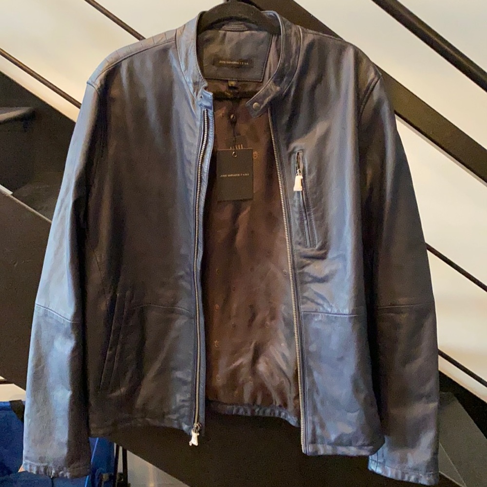 John Varvatos Marine Blue Leather Jacket size Medium New w tags